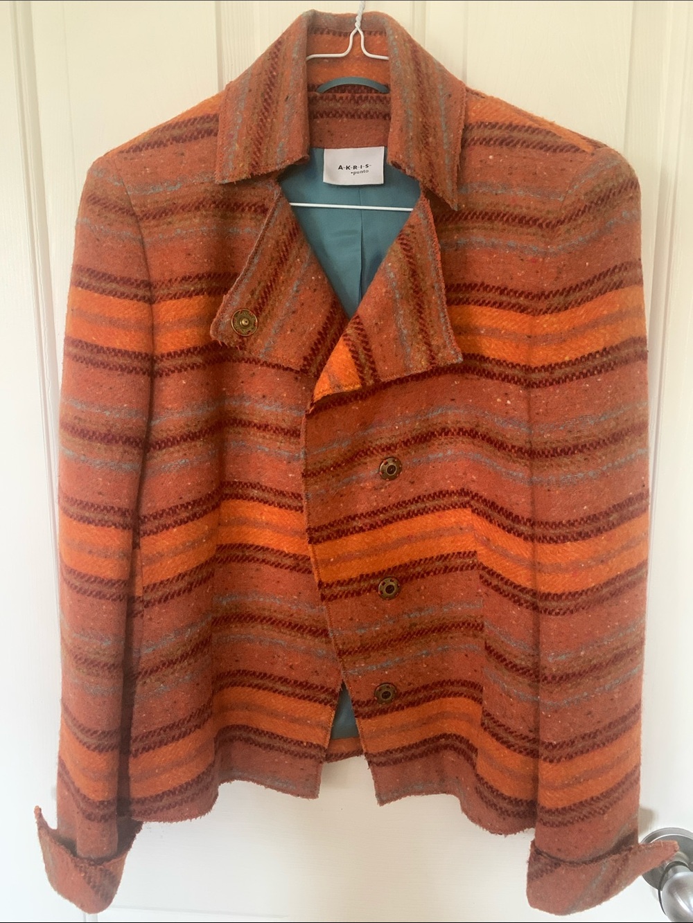 Akris Vintage Rust and Bright Orange Striped Wool Peacoat